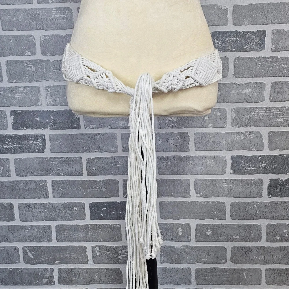 Vintage White Macrame Tie Belt Boho Hippie Festival Handmade Waist Belt